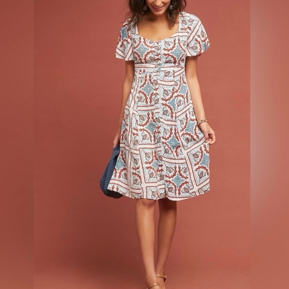 Maeve Anthropologie White Praslin Printed Button Front Midi Dress 6